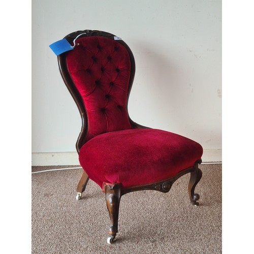 39 - A Victorian walnut framed Nursing Chair with claret upholstery 2ft 10in H x 2ft W