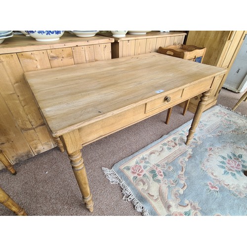 48 - An antique ash small Kitchen Table fitted single drawer raised on turned supports 3ft 10in W x 2ft 5... 