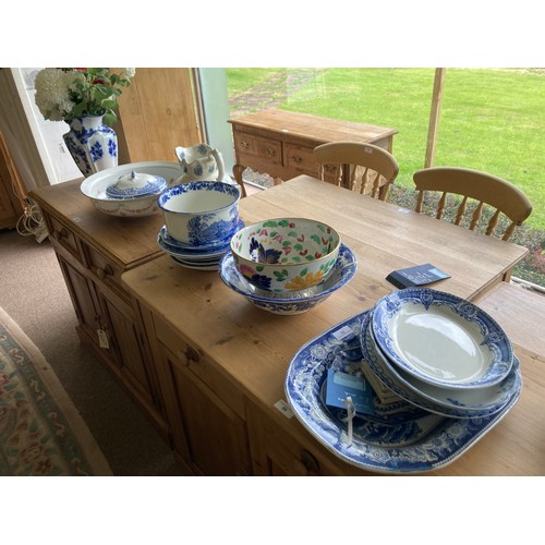 71 - A quantity of blue and white Ceramics including three Delft Tiles, Meat Plate, Chamber Pot, assorted... 