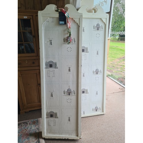 162 - Two white painted four panel Dressing Screens with wallpaper decoration 8ft W x 6ft 5in H