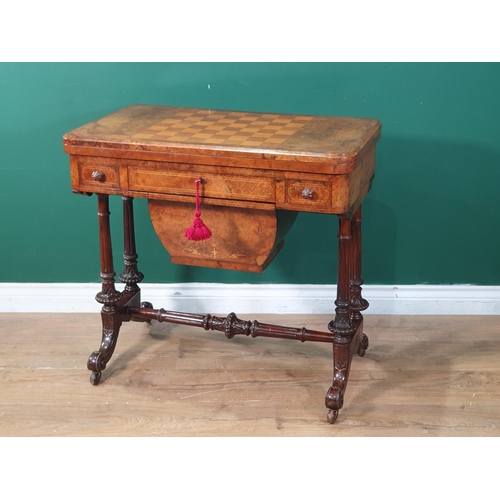 543 - A Victorian walnut Games/Card/Work Table with chessboard fold-over top, satinwood inlay, baize lined... 