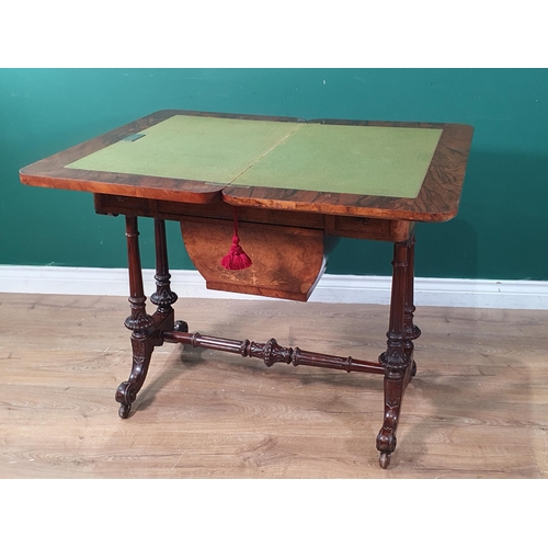 543 - A Victorian walnut Games/Card/Work Table with chessboard fold-over top, satinwood inlay, baize lined... 