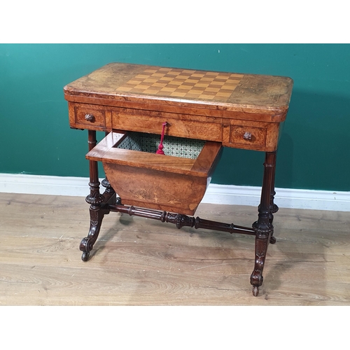 543 - A Victorian walnut Games/Card/Work Table with chessboard fold-over top, satinwood inlay, baize lined... 