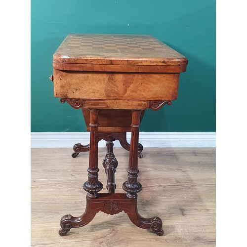 543 - A Victorian walnut Games/Card/Work Table with chessboard fold-over top, satinwood inlay, baize lined... 