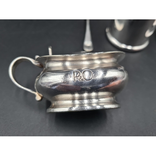 123 - Two plated Mustard Pots, a Salt and a Pepperette all with P & O logo by Mappin & Webb, and three Con... 