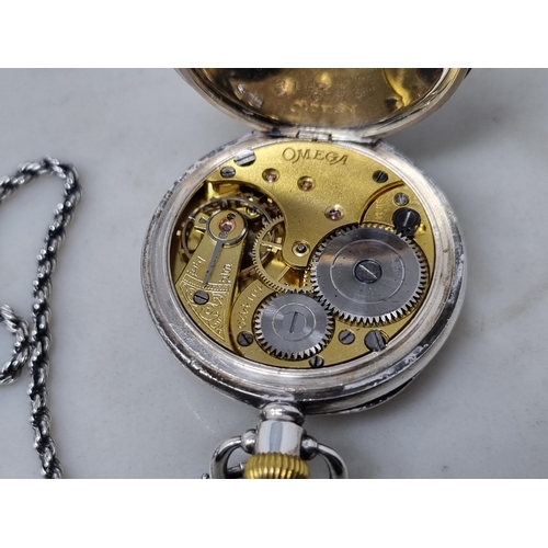 115 - A George V silver cased Fob Watch with Omega movement having lever escapement, the white enamel dial... 