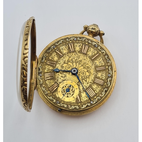 126 - A Georgian 18ct gold cased open faced Pocket Watch the floral engraved dial with roman numerals and ... 