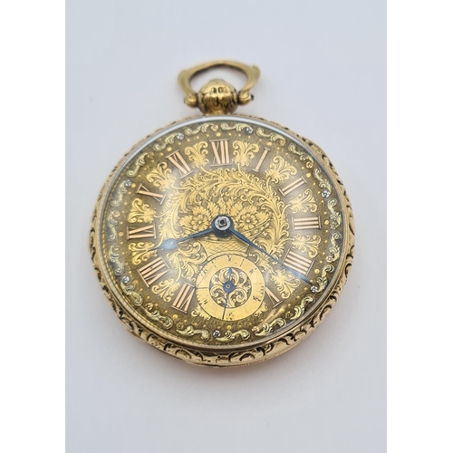 126 - A Georgian 18ct gold cased open faced Pocket Watch the floral engraved dial with roman numerals and ... 