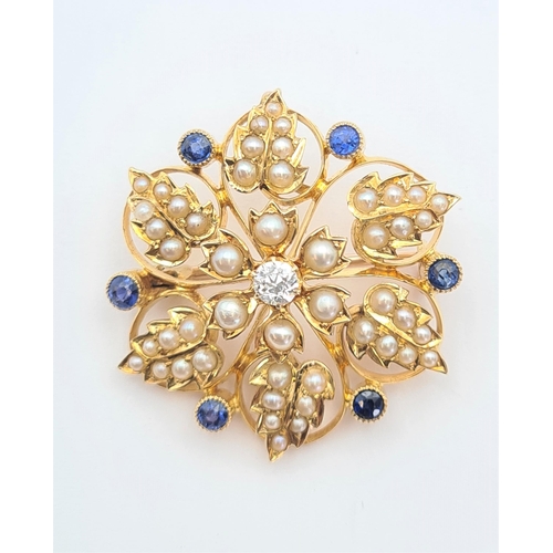 138 - A Diamond, Seed Pearl and Sapphire Flower Cluster Pendant/Brooch claw-set brilliant-cut diamond with... 