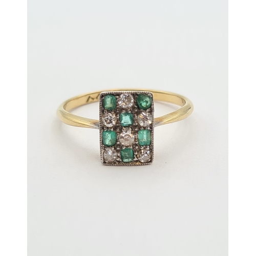 174 - An Art Deco Emerald and Diamond Ring the rectangular plaque millegrain-set chequerboard effect step-... 