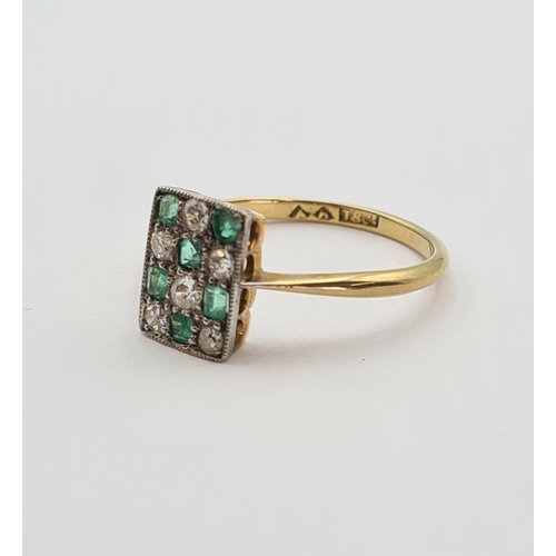 174 - An Art Deco Emerald and Diamond Ring the rectangular plaque millegrain-set chequerboard effect step-... 