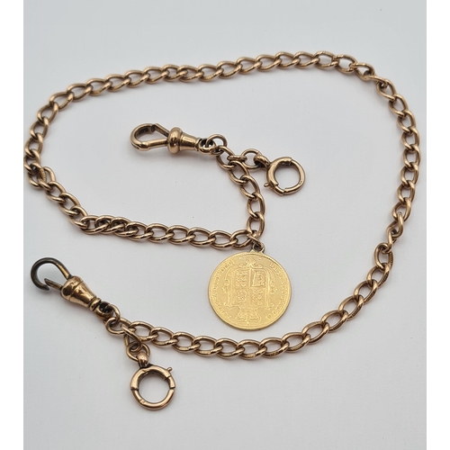 183 - A 9ct gold fine Watch Albert with Victorian half Sovereign 1859 Fob, approx 35cms long, approx 23.20... 