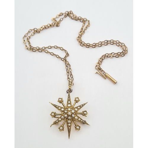 194 - A Victorian Star Pendant/Brooch set seed pearls, 35mm wide, marked 15ct, on chain marked 9ct, approx... 