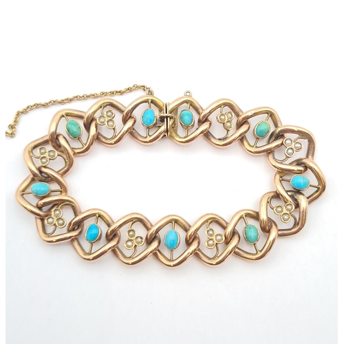 200 - A Turquoise and Seed Pearl Bracelet the openwork links set alternating oval turquoise cabochons and ... 