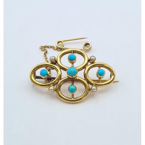 205 - A Victorian Turquoise and Seed Pearl Brooch formed as four ovals set five turquoise and four seed pe... 