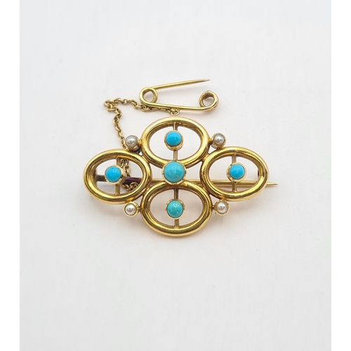 205 - A Victorian Turquoise and Seed Pearl Brooch formed as four ovals set five turquoise and four seed pe... 