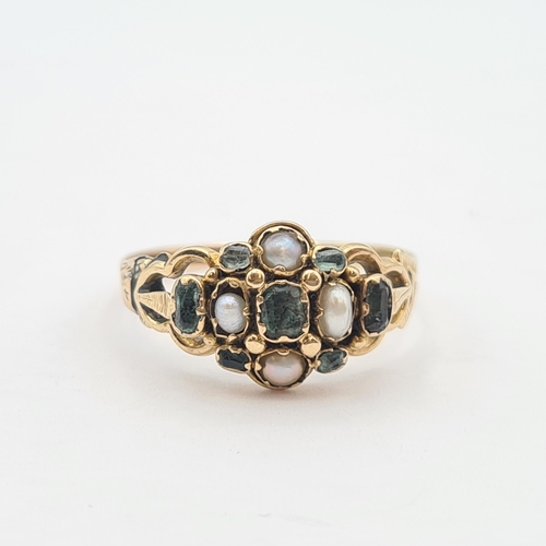 208 - A Georgian Ring close-set green foil backed stones and seed pearls, unmarked, untested, ring size P ... 