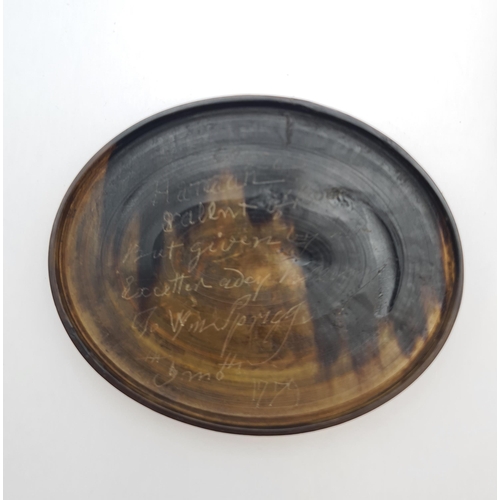 226 - An oval 18th Century Horn Box the lid impressed image of Queen Anne, inside lid inscribed 'Once Hann... 