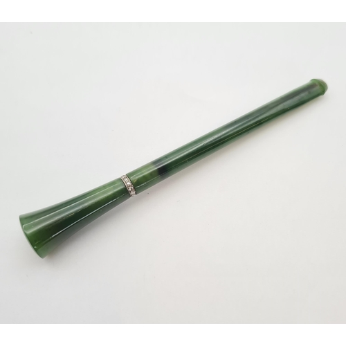 229 - A 1930's Nephrite Jade and Diamond Cheroot/Cigarette Holder millegrain-set a row of eight-cut diamon... 