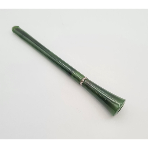 229 - A 1930's Nephrite Jade and Diamond Cheroot/Cigarette Holder millegrain-set a row of eight-cut diamon... 