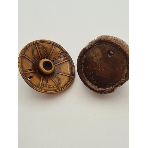 231 - A Japanese carved wooden Netsuke of rat sat on a straw hat, signed and a Japanese carved Netsuke of ... 