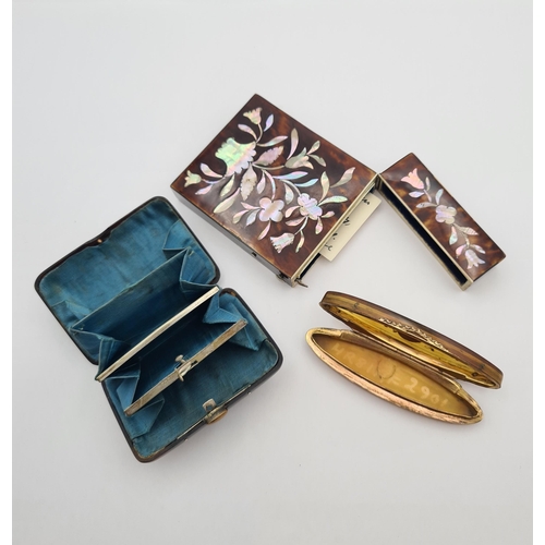 233 - A Victorian tortoiseshell Card Case with floral mother of pearl inlay, a small 19th Century tortoise... 