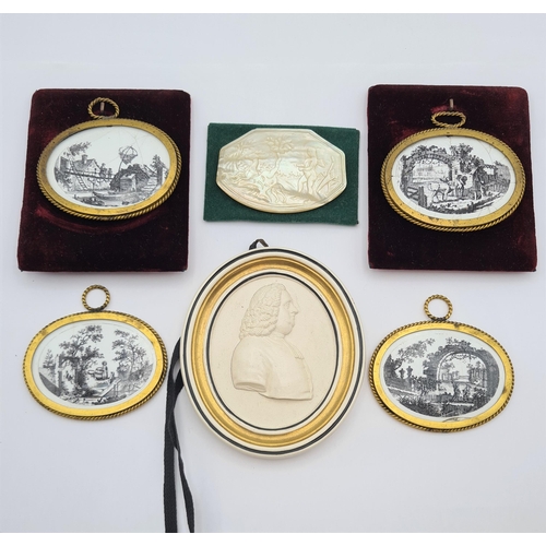 235 - A set of four oval enamel Plaques printed monochrome 18th Century scenes in gilt metal frames, two m... 