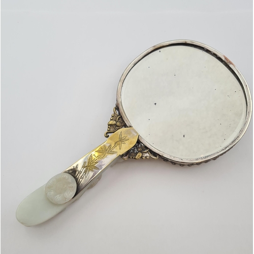 237 - A Hand Mirror formed from a carved Chinese Jade Buckle and carved Chinese Jade shallow Bowl with sil... 