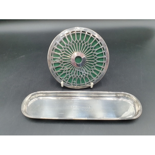 24 - A Victorian silver Pen Tray with inscription, Chester 1900, and a George V silver mounted green glas... 