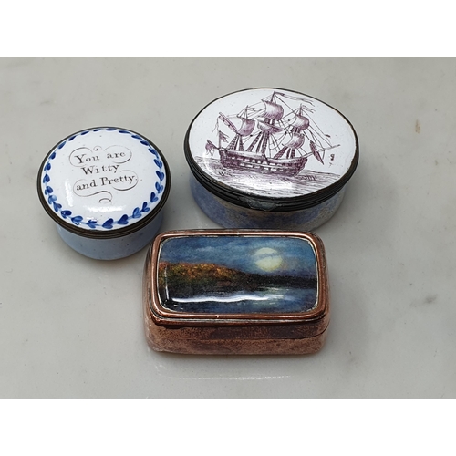 241 - Four enamel Patch/Pill Boxes, two of them with inscriptions 'Who opens this muft have a kifs' and 'Y... 