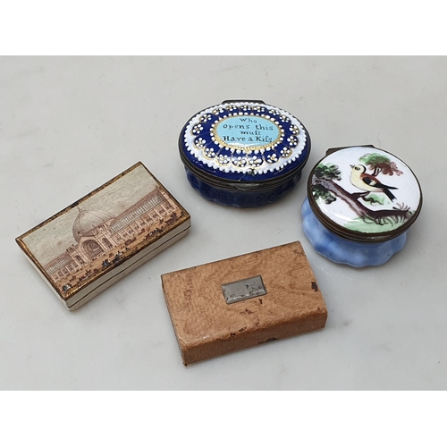 241 - Four enamel Patch/Pill Boxes, two of them with inscriptions 'Who opens this muft have a kifs' and 'Y... 