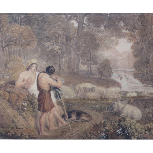 276 - ATTRIBUTED TO JOSHUA CRISTALL (1767-1847) Classical figures and animals by a river in an Arcadian la... 