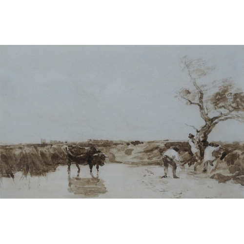 279 - ASCRIBED  TO DAVID COX (1783-1859) Boys disturbed by a Bull, brown sepia wash sketch,  1/2 x 8 1/2 i... 