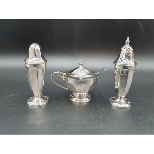 28 - A George V silver three piece Condiment Set of panelled circular form, Sheffield 1934/5, plus Spoon