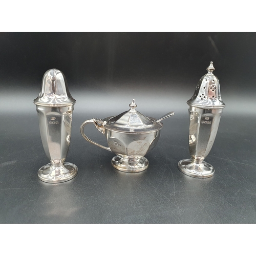 28 - A George V silver three piece Condiment Set of panelled circular form, Sheffield 1934/5, plus Spoon