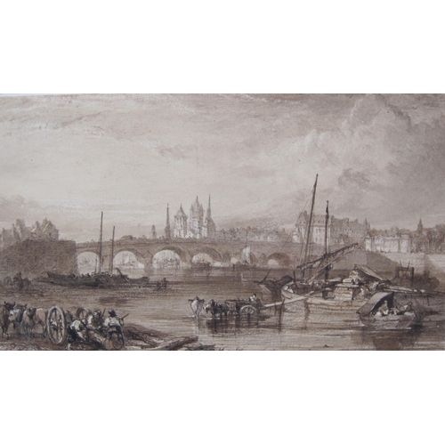 287 - ATTRIBUTED TO THOMAS ALLOM (1804-1872) A Continental river scene with figures and carts by barge in ... 