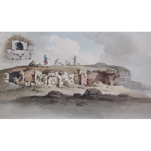 288 - ENGLISH SCHOOL, EARLY 19th CENTURY. An Archaeological Dig, watercolour, 5 x 9 1/4 in; a pen and ink ... 