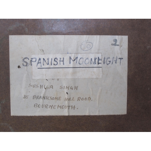 299 - SUSHILA SINGH (1904-1999). Moonlight, Spain, signed, oil on board, with original label on the revers... 