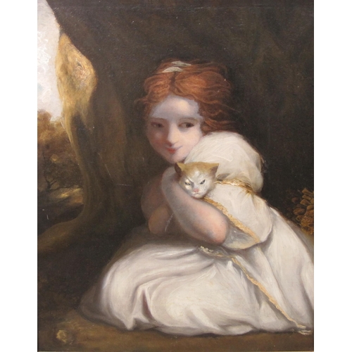 301 - AFTER SIR JOSHUA REYNOLDS. PRA (1723-1792) Girl with kitten,(Felina) a landscape beyond, oil on canv... 