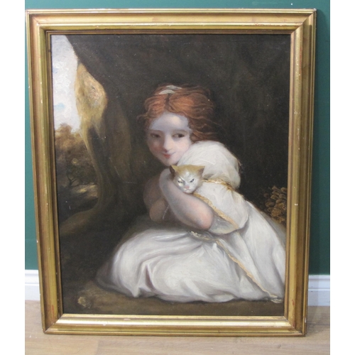 301 - AFTER SIR JOSHUA REYNOLDS. PRA (1723-1792) Girl with kitten,(Felina) a landscape beyond, oil on canv... 