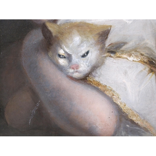 301 - AFTER SIR JOSHUA REYNOLDS. PRA (1723-1792) Girl with kitten,(Felina) a landscape beyond, oil on canv... 