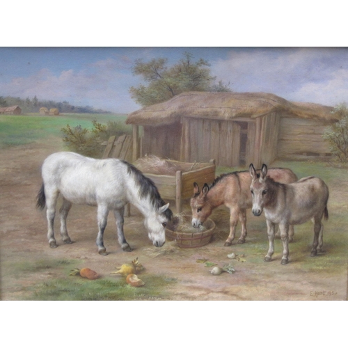 305 - EDGAR HUNT (1876-1953) A Pony and Donkeys in a Farmyard, signed and dated 1950, oil on canvas board,... 