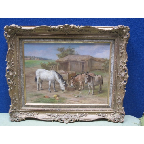 305 - EDGAR HUNT (1876-1953) A Pony and Donkeys in a Farmyard, signed and dated 1950, oil on canvas board,... 