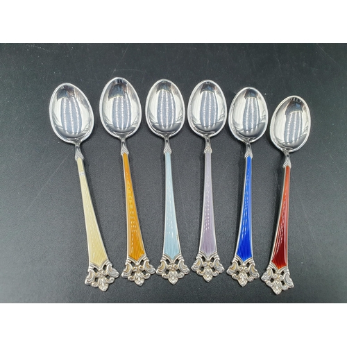 34 - Six Norwegian silver and various coloured enamel Coffee Spoons, one chipped, and an Edward VII silve... 