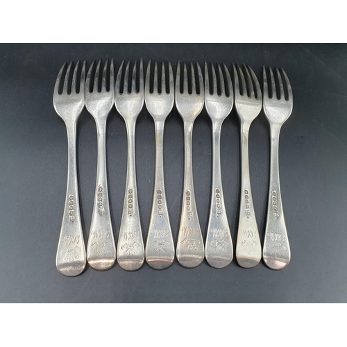 37 - Eight George III silver Dinner Forks old english pattern engraved crests and initials, London 1807/8... 