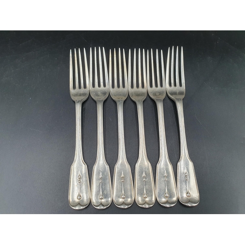 39 - Six Victorian silver Dessert Forks fiddle pattern with tear drops, engraved crests, London 1863/93