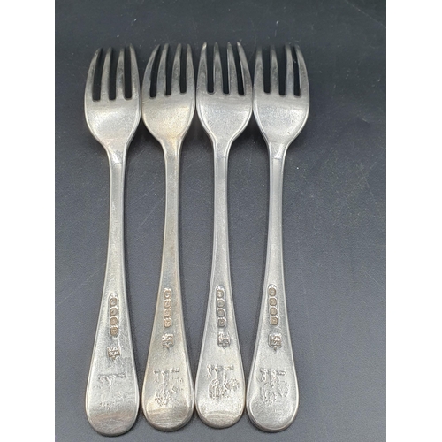 40 - Four George III silver Dinner Forks old english pattern engraved crests, London 1806, maker: Eley & ... 