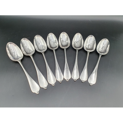 43 - A Set of eight George II silver dog nose Table Spoons with rat tail bowls, London 1759, maker: Ebene... 