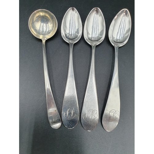 44 - Three Georgian silver Teaspoons old english pattern with pointed stems engraved initials, marked S R... 