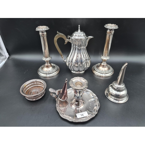 74 - Plated Items: pair of Candlesticks, Chamber Candlestick and Snuffer, Wine Funnel, Hot Water Jug and ... 